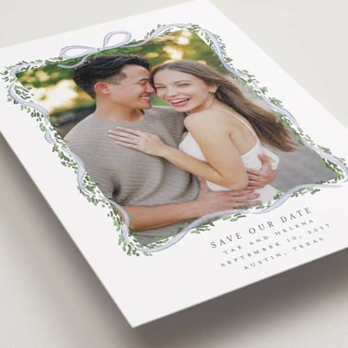 This is a juniper save the date with standard by Itsy Belle Studio called ribbonly frame printing on recycled smooth signature in standard