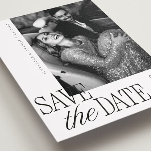 This is a pearl save the date with standard by Melanie Kosuge called right side printing on recycled smooth signature in standard