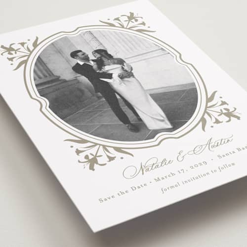 This is a paris rain save the date with standard by Jennifer Postorino called calia printing on recycled smooth signature in standard