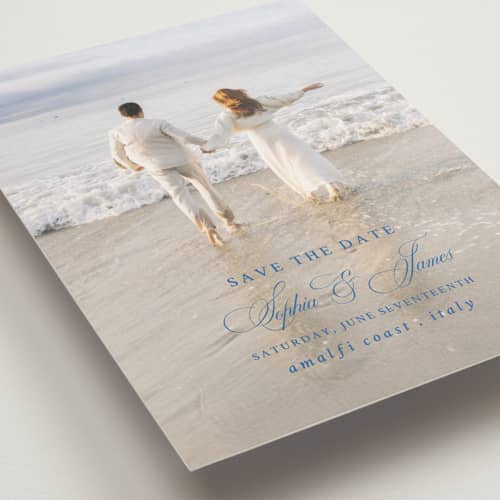 This is a blue mist save the date with standard by Design Lotus called amalfi blue printing on recycled smooth signature in standard