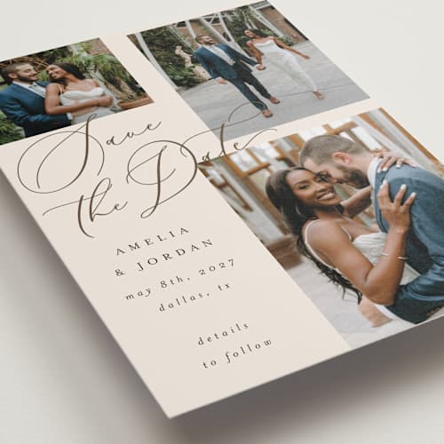 This is a ecru save the date with standard by AK Graphics called whimsy printing on recycled smooth signature in standard
