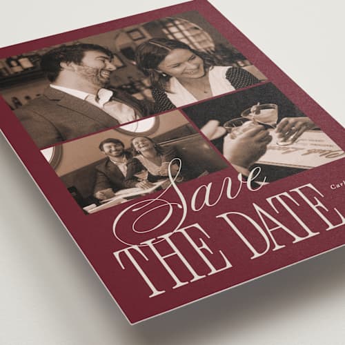 This is a plum save the date with standard by Brianne Larsen called elegant three printing on recycled smooth signature in standard