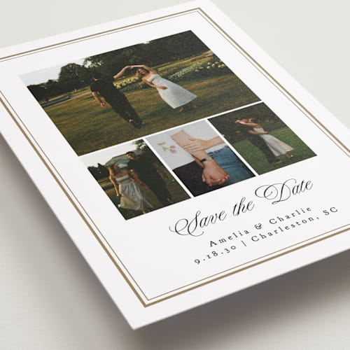 This is a snow save the date with standard by Erin L. Wilson called hampton house printing on recycled smooth signature in standard