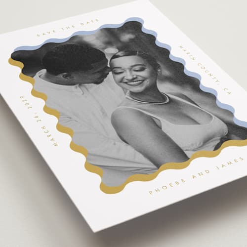This is a aqua save the date with standard by Baumbirdy called wavy frame printing on recycled smooth signature in standard