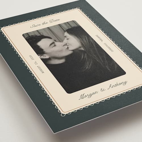 This is a emerald save the date with standard by Kate Ahn called bettie printing on recycled smooth signature in standard