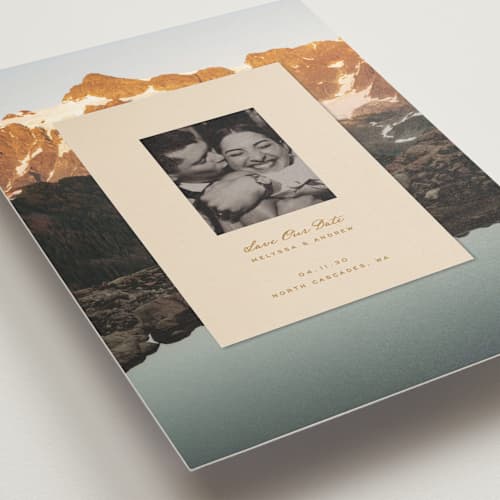 This is a sand save the date with standard by Claudia Orengo called location printing on recycled smooth signature in standard