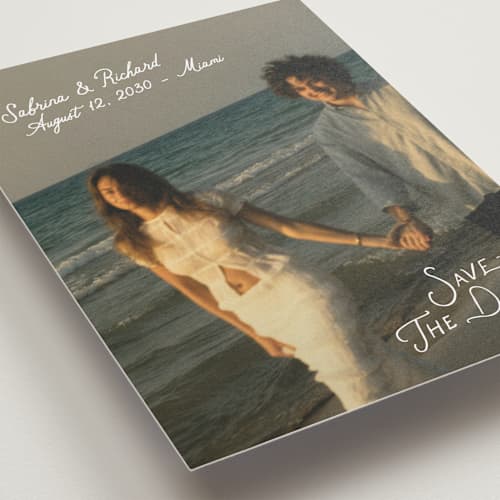 This is a moonstone save the date with standard by Creo Study called slanted printing on recycled smooth signature in standard