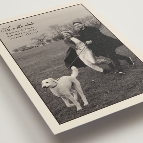 This is a chocolate save the date with standard by Ellen Schlegelmilch called kathryn printing on recycled smooth signature in standard
