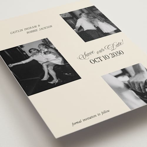 This is a cream save the date with standard by Robert and Stella called saved snaps printing on recycled smooth signature in standard