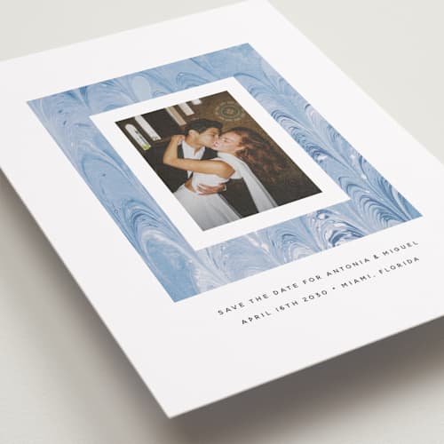 This is a sea save the date with standard by Olivia Kanaley Inman called marbled printing on recycled smooth signature in standard