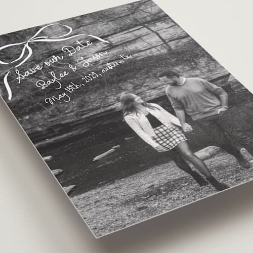 This is a pearl save the date with standard by Jelena Vuletic called inkwoven printing on recycled smooth signature in standard