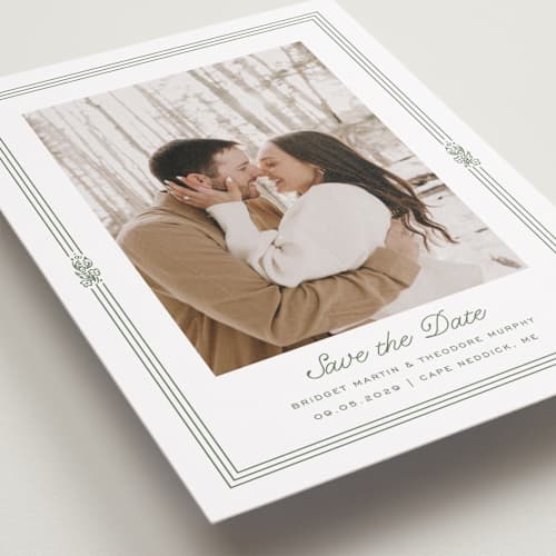 This is a leaf save the date with standard by Kate Ahn called court printing on recycled smooth signature in standard