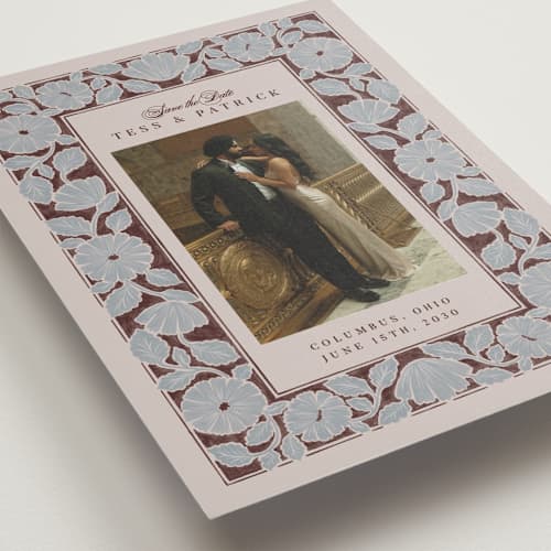This is a burgundy save the date with standard by Jen Owens called mod meadow printing on recycled smooth signature in standard