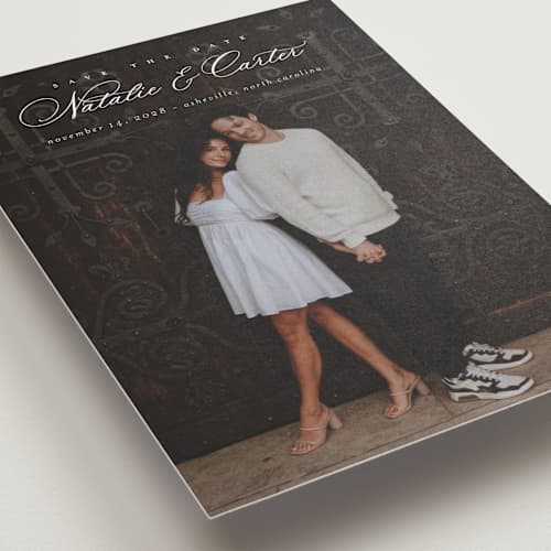 This is a sugar save the date with standard by Jessica Williams called tranquil printing on recycled smooth signature in standard