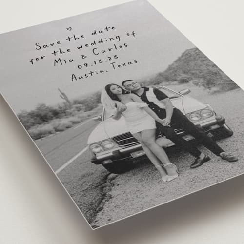 This is a noir save the date with standard by Olivia Raufman called noted printing on recycled smooth signature in standard