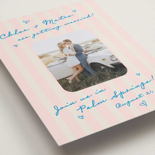 This is a pink grapefruit save the date with standard by Jackie Crawford called the right stripes printing on recycled smooth signature in standard