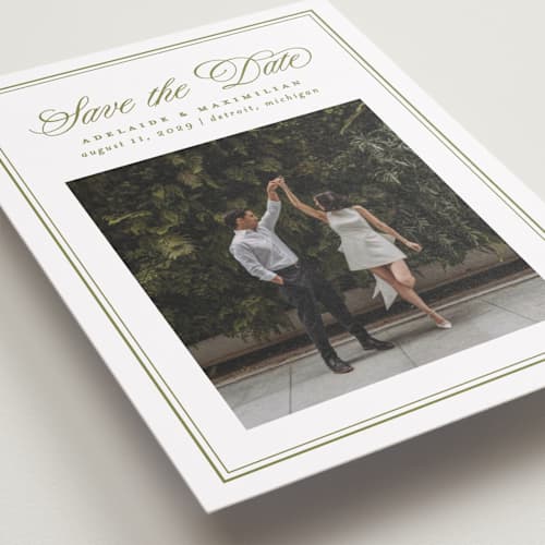 This is a olive save the date with standard by Ellen Schlegelmilch called museo printing on recycled smooth signature in standard