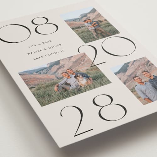 This is a cream save the date with standard by Baumbirdy called delicate date printing on recycled smooth signature in standard