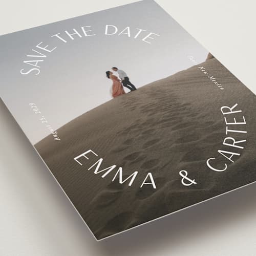 This is a pearl save the date with standard by Susan Asbill called roundabout printing on recycled smooth signature in standard