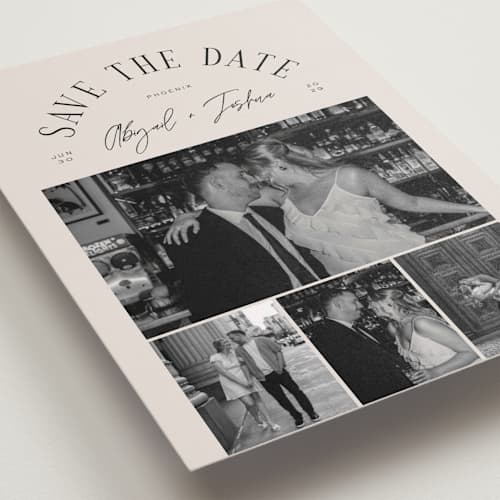 This is a taupe save the date with standard by Michelle Taylor called archway printing on recycled smooth signature in standard
