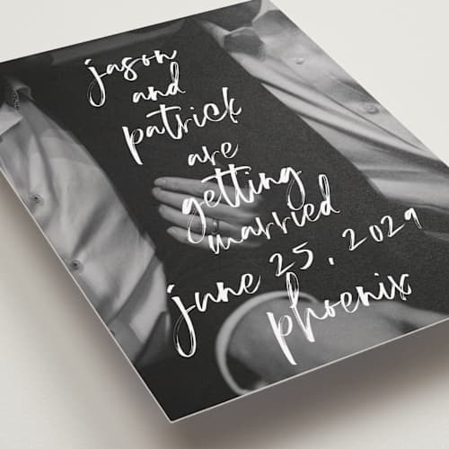 This is a marshmallow save the date with standard by Keen Peachy called oh by the way printing on recycled smooth signature in standard