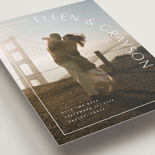 This is a snow save the date with standard by Lauren Chism called take shape printing on recycled smooth signature in standard