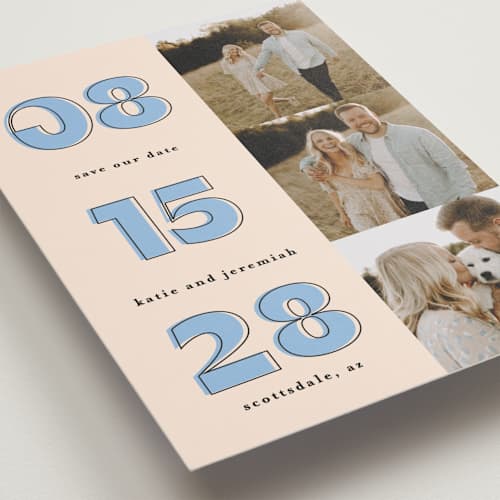 This is a dusty blue save the date with standard by Leah Ragain called outlined date printing on recycled smooth signature in standard