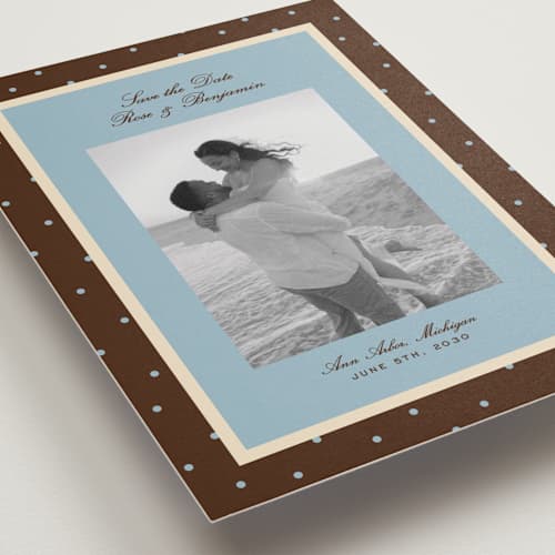 This is a coffee save the date with standard by Ellen Schlegelmilch called festive polka printing on recycled smooth signature in standard