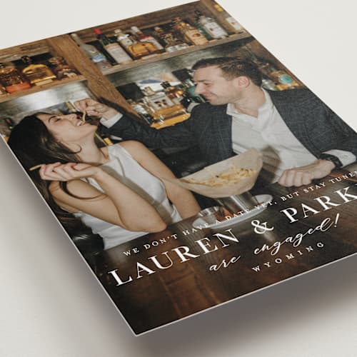 This is a pearl save the date with standard by Oscar and Emma - Karly Depew called classic touch printing on recycled smooth signature in standard