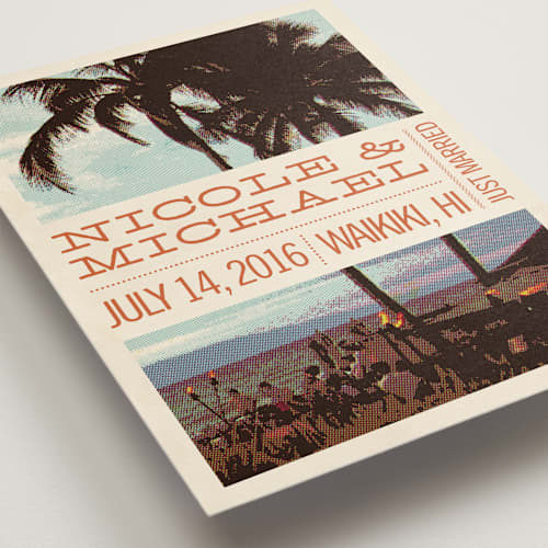 This is a tangerine wedding announcements with standard by Alex Elko Design called island palms printing on signature in standard