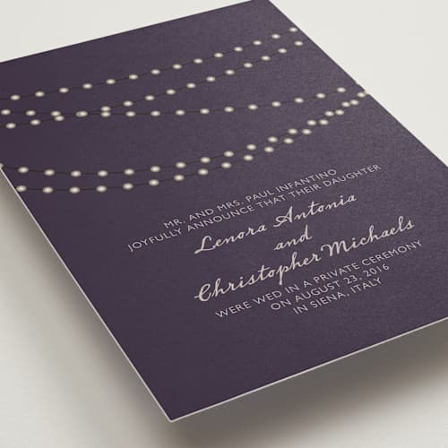 This is a deep eggplant wedding announcements with standard by Design Lotus called midnight vineyard printing on signature in standard