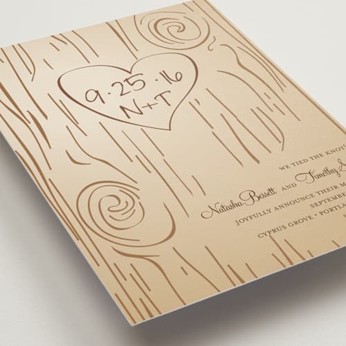 This is a woodgrain wedding announcements with standard by Amanda Joy called fall carving printing on signature in standard
