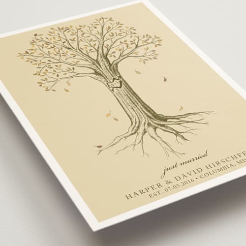 This is a warm beige wedding announcements with standard by pottsdesign called carved tree printing on signature in standard