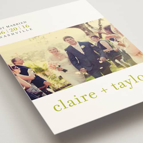 This is a celery wedding announcements with standard by Float Paperie called float + celebrate printing on signature in standard