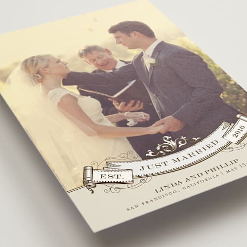 This is a mocha wedding announcements with standard by Milkmaid Press called celebration printing on signature in standard