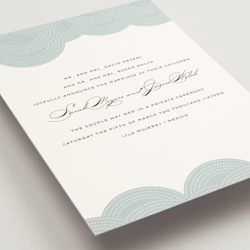 This is a blue cloud wedding announcements with standard by Annie Clark called pearls on a string printing on signature in standard