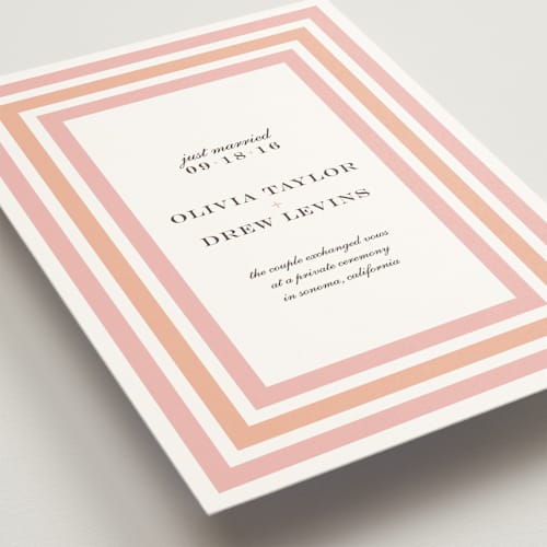 This is a peach coral wedding announcements with standard by Float Paperie called float + sweetie stripe printing on signature in standard