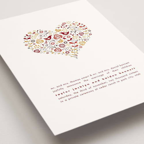 This is a burgundy wedding announcements with standard by Jana Volfova called love birds printing on signature in standard