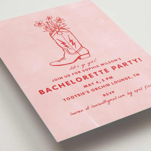 This is a strawberry bachelorette party invitations with standard by Erin Kessler called party boots printing on signature in standard