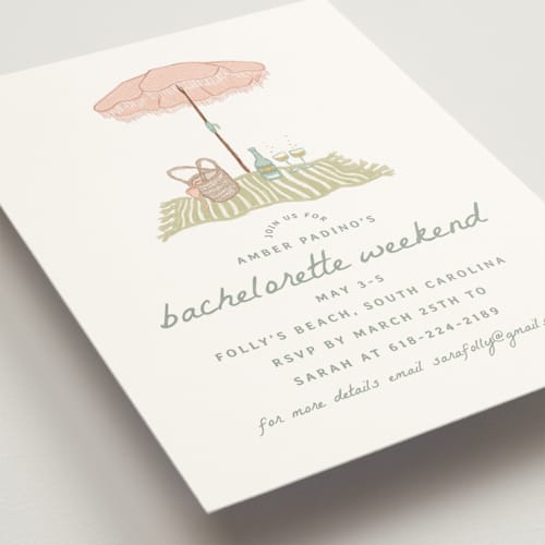 This is a seafoam bachelorette party invitations with standard by Erin Kessler called beach bachelorette printing on signature in standard