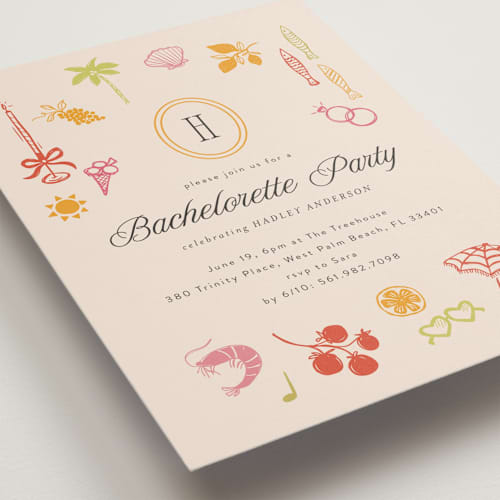 This is a almond bachelorette party invitations with standard by Melanie Kosuge called coast printing on signature in standard