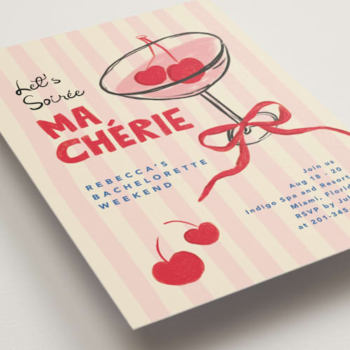 This is a cherry bachelorette party invitations with standard by Creo Study called mon cherie printing on signature in standard