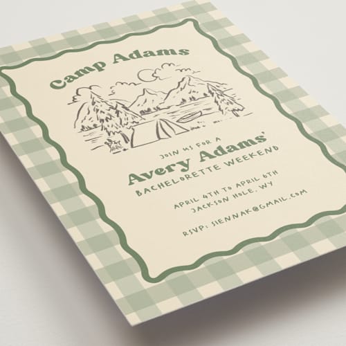 This is a sage bachelorette party invitations with standard by Creo Study called camp mitzvah printing on signature in standard