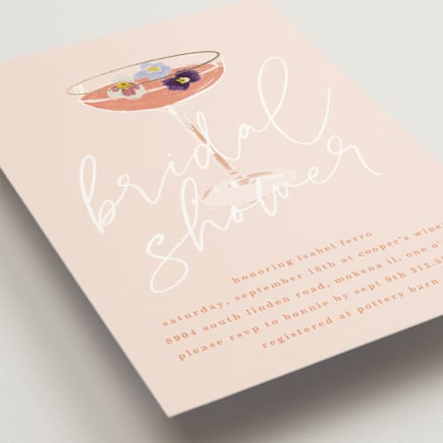 This is a blush bridal shower invitations with foil pressed by Baumbirdy called flower cheers printing on signature in standard