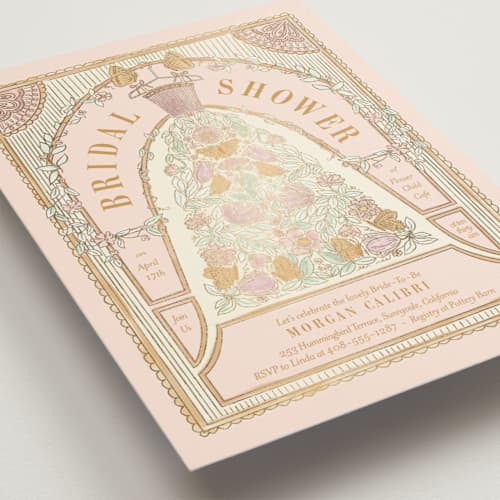 This is a romantic rose bridal shower invitations with foil pressed by Simona Camp called gilded bridal gown printing on signature in standard