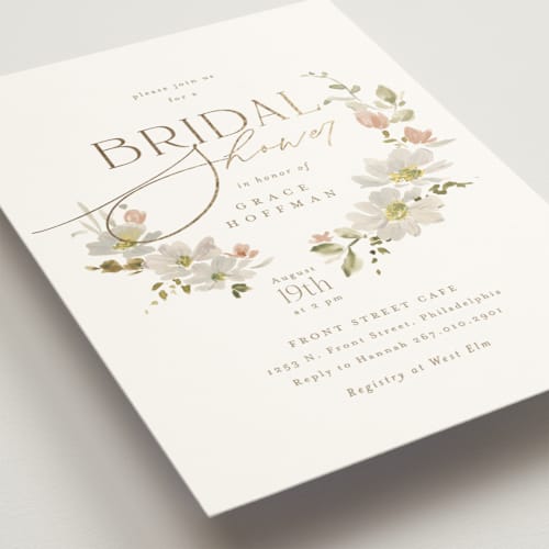 This is a champagne bridal shower invitations with foil pressed by Everett Paper Goods called serene printing on signature in standard