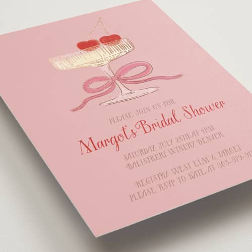 This is a cherry blossom bridal shower invitations with foil pressed by Jenna Holcomb called mon cheri printing on signature in standard