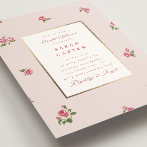 This is a blush bridal shower invitations with foil pressed by Teju Reval called romantic roses printing on signature in standard