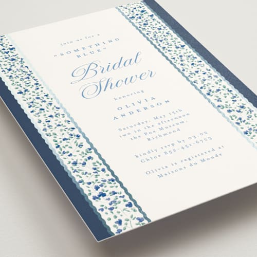 This is a cobalt bridal shower invitations with foil pressed by Gwen Bedat called blue printing on signature in standard