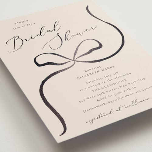 This is a tuxedo bridal shower invitations with foil pressed by Corinne Malesic called bow printing on signature in standard